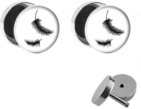 Treuheld® | SET - FEDERN - 2 OHRSTECKER für DAMEN + HERREN zum Schrauben | SILBER mit schwarzer FEDER - WEIß & SCHWARZ | FAKE PLUGs Ø 10mm OHRRINGE Fakeplug Silberner Ohrring CHIRURGENSTAHL Faketunnel