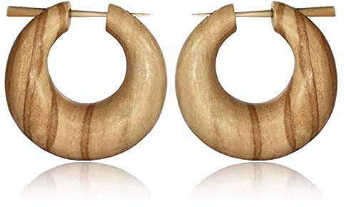 viva-adorno 1 Paar Holzohrringe Holz Creolen Olivenholz natur braun Horn Pinohrringe CE15, groß 28mm