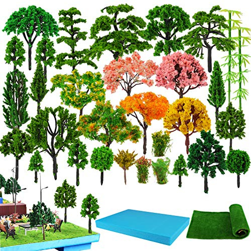 FUNSHOWCASE Model Trees with Foam Board, Grass Turf for Fairy Garden Landscape Scenery Train Architecture Building Decoration, Set of 101-count, 1.1-4inch