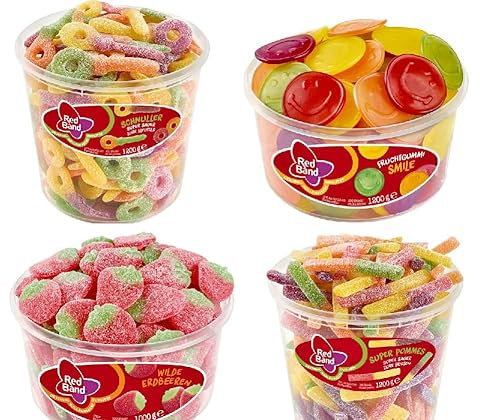4 Dosen Red Band Mix - Fruchtgummi Smile, Wilde Erdbeeren,Super Saure Pommes,super saure Schnuller