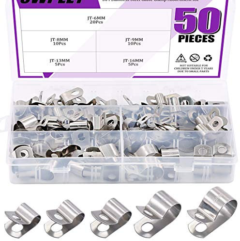 Swpeet 50 Stück 304 Edelstahl 6 mm - 16 Vinylbeschichtete Kabelschellen Sortimentskit, ohne Gummi gepolsterte isolierte Klemme, Metallklemme, Rohrhalter für Rohr-, Rohr- oder Drahtschnur-Installation