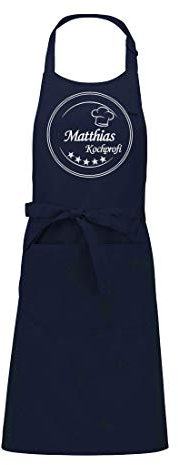 Schürze mit Namen bestickt, Kochschürze Küchenschürze Latzschürze personalisierbar mit eleganter Stickerei, 100% Baumwolle, Geschenk für Männer und Frauen (navy)