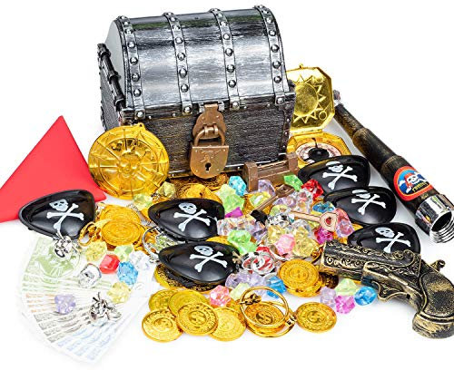 Pirate Treasure Chest Costume Accessories-Large Pirate Toy Box with locks Pirate coins Gems Money Pirate Party Supplies with Red Hood,Pirate Gun, Eye-Patches, Swords, Telescope,Rings, Earrings,Badge