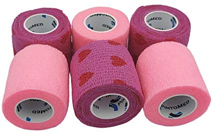 PintoMed Selbstklebender Verband, Gedehnt -3xRosa+3xRosa mit Roten Herzen Bandagen Rollen -5cmx4,5m Haftbandage Verband Fixierbinde Health Pflaster sport tape; Stück für Handgelenk Bein Arm vet wrap
