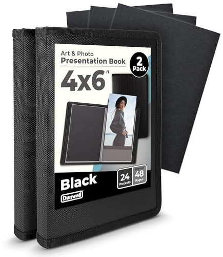 Dunwell Kleines Fotoalbum, 10x15 cm, Schwarz, 2 Stück, 24 Seiten für 48 Bilder, 4x6 Portfolio-Ordner für Kunstwerke, tolles Kunstbuch für Postkarten oder Bilder, Fotobuch für 10x15 cm große Bilder
