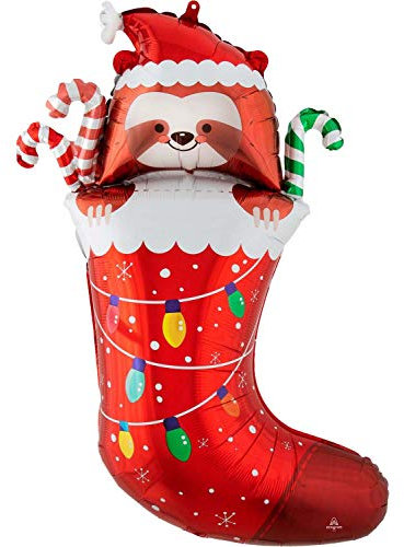 Amscan 4204401 - SuperShape Folienballon Faultier in Weihnachtssocke, 63 x 78 cm, Weihnachtsmann, Elfe, Heliumballon, Party, Dekoration, Xmas, Christmas, Santa Claus