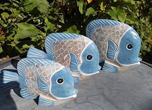 Handgearbeitete Fische Statuen Deko-Objekt 3 Stück blau+beige maritim