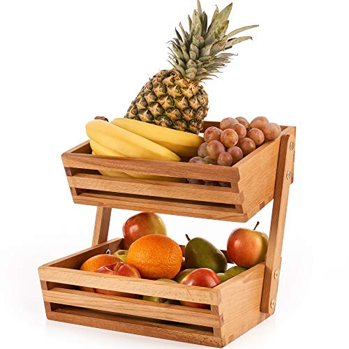 NOVECRAFTO Two Tier Wooden Vegetables And Fruit Storage Rack | Free Standing Countertop Food Bowl Basket For Kitchen