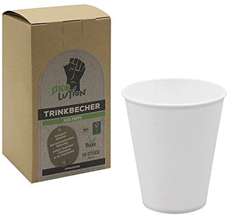 Ökolution Vasos de cartón blanco, 10 unidades, aprox. 250 ml, para bebidas frías y calientes, sin revestimiento de plástico o plástico orgánico, estable, de cartón FSC sostenible