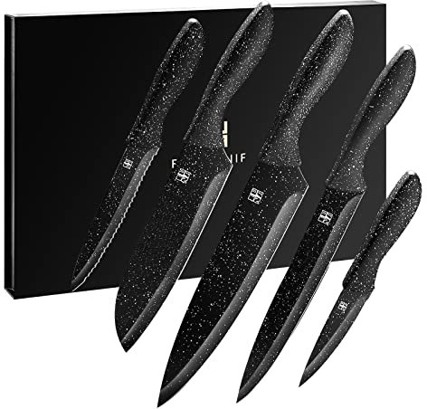 EUNA 5 PCS Küchenmessersets Professionelle scharfe Kochmessersets mit Bezug und Geschenkbox Langlebiges Kochset Set aus Küchenmessern (Schwarz und weiß)