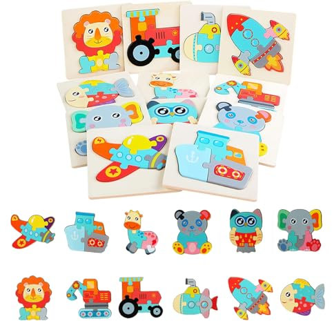 Liwein 12 Stück Holzpuzzle für Kleinkinder, Tierpuzzles für Kinder von 3-6 Jahren, je 12 Stück, realistischer/natürlicher Stil