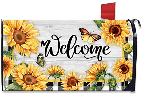 Auirre Sommer Herbst Willkommen Briefkasten Abdeckung Magnetisch Standard 53,3 x 45,7 cm, Geranie Blume Schmetterling Dekorative Schachbrett Post Briefkasten Wrap Bauernhaus Rustikale Dekoration für