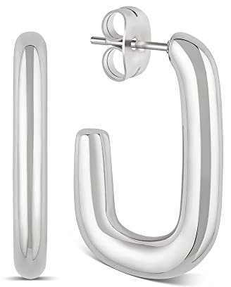Creolen Eckig Silber aus Edelstahl für Damen - wasserfeste rechteckige Hoops silberfarben I Frauen Ohrringe mit 18K Vergoldung