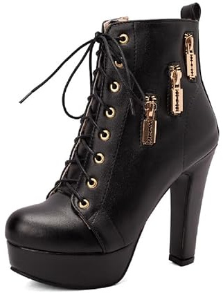JIEEME Botines de mujer punta redonda con cordones tacón alto tacón bloque hecho a mano botas cortas para mujer talla grande 35-48 Z33-691, Negro , 44 EU