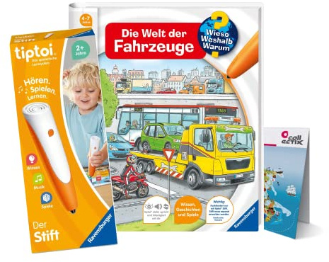 Ravensburger tiptoi Set: Wieso? Weshalb? Warum? Die Welt der Fahrzeuge (Kinderbuch) + 00110 tiptoi Der Stift + Kinder-Weltkarte, Lernspielzeug für Kinder