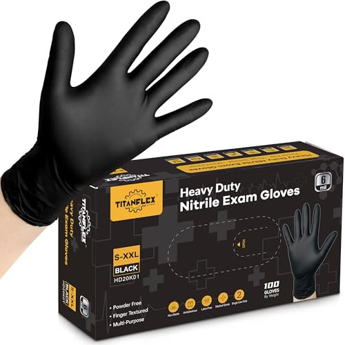 TITANflex Gants d'examen jetables en nitrile, 6 mil, noir, boîte de 100 carats, gants jetables très résistants, gants de cuisine, gants de mécanicien, gants sans latex, gants en caoutchouc de qualité
