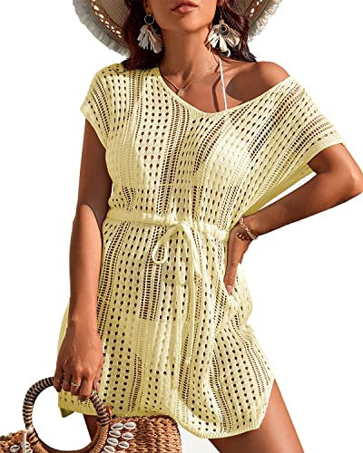 Rayson Mujer Vestido de Playa Ganchillo Bikini Cover up con Cuello en V Cubrir Blusa Camisolas Traje de Baño Vestido Punto Hueco(Beige)