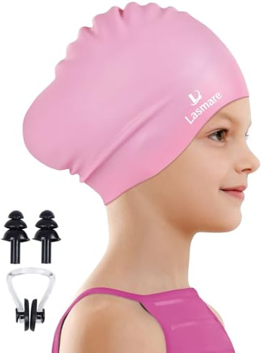 Kids Long Hair Swim Cap for Girls Boys, 2 Size Silicone Swimming Cap for Age 3-15 Toddler Children Teens, Waterproof Swim Hats Bathing Caps with Ear Plugs & Nose Clip to Keep Hair Dry(Age 3-8/Pink)