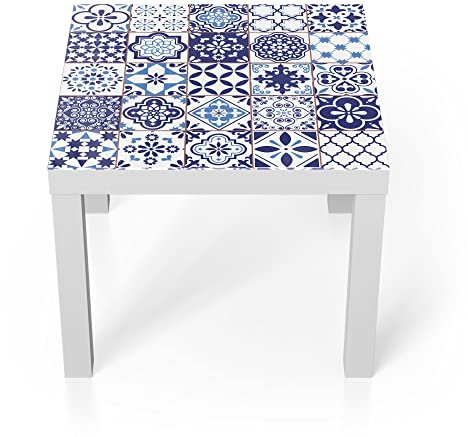 DEQORI Glastisch | weiß klein 55x55 cm | Motiv Azulejo Wandkacheln | ausgefallener Beistelltisch aus Glas | Hochglanz Couchtisch fürs Wohnzimmer | moderner Couch Tisch mit Design