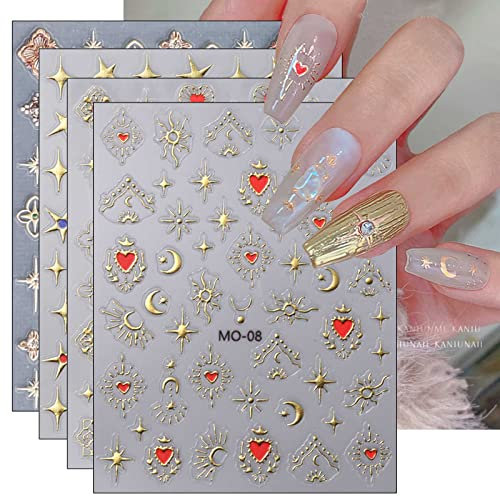 JMEOWIO 3D Nagelsticker Mondstern Nail Art Sticker Selbstklebend Nagelaufkleber 5D Stereoskopisch Herz Dekoration Nageldesign Zubehör 4 Blatt