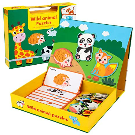 Puzzles Magnétiques, Animaux Sauvages en Bois Jouets Montessori, Jouets Éducatifs pour la Petite Enfance, Aimants pour Réfrigérateur Enfants de 3 4 5 Ans Garçons Filles Cadeau de Noël Anniversaire