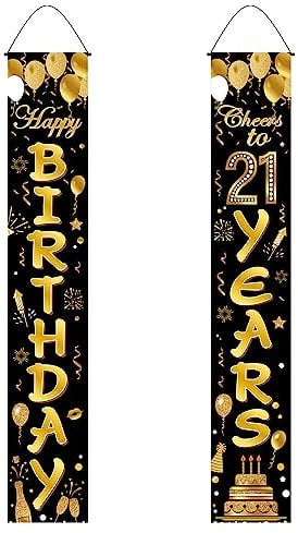 VReder 21th Happy Birthday Party Door Banner Decorations, Black Gold 21 Years Old Decoration for Boys and Girls Women Men Birthday Party (Black Gold)