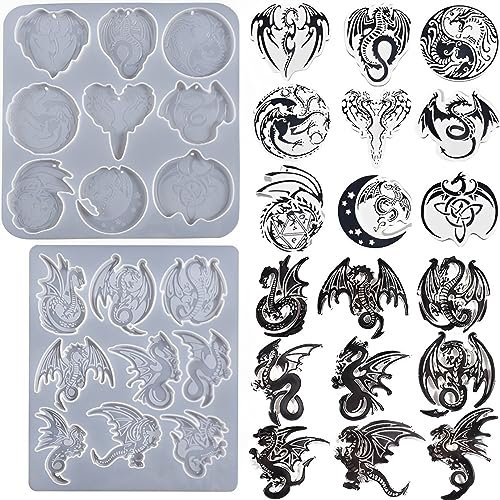 HyzaPhix 2PCS Porte-clés Moules En Résine, Dragon Volant Moules En Silicone Époxy Bijoux Moulage Animaux pour DIY Collier Pendentif Ornements Artisanat