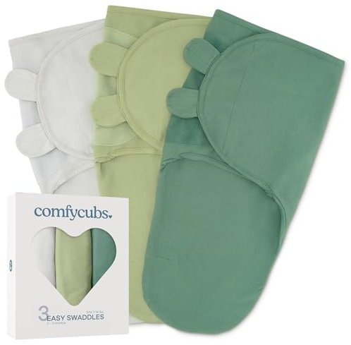 Comfy Cubs Easy Swaddle Blanket, 3 Pack - 100% Cotton Swaddle Set, Small for 0-3 Months Infants, Breathable and Durable Sleep Sack, Newborn Baby Gifts - Stone, Sage, Azul