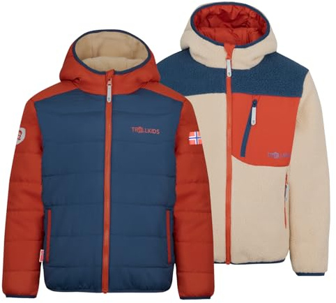 Trollkids Kids Sandvika Turnover Jacket | Wattierte Jacke zum Wenden, Winddicht, Angeschnittene Kapuze, Zwei Eingrifftaschen, Drei Taschen mit Reißverschluss