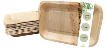 DeinPack Lot de 25 assiettes carrées en feuille de palmier 24 x 16 x 2,5 cm | Vaisselle jetable bio biodégradable | Vaisselle jetable | Vaisselle jetable