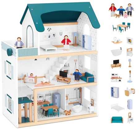OOOK Wooden Dollhouse with Liftable Elevator - 2.6 Feet High Modern Doll House for Kids Toddlers - Including 21 Furniture Pieces, 4 Family Dolls, and 1 pet