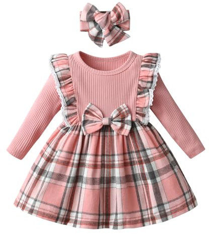 Joureker Baby Mädchen Kleider Langarm Tutu Kleider Rippe Stricken Patchwork Plaid Bogen Prinzessin Kleid für kleine Mädchen Kleid, Rosa, 9-12 Monate