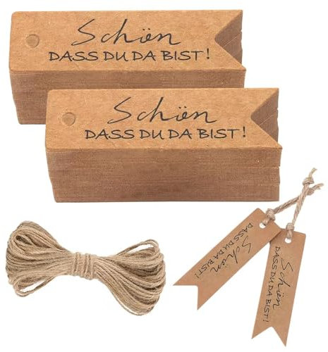 200 Stk Schön Dass Du Da Bist Anhänger Klein Geschenkanhänger Kraftpapier Etiketten Tags Braun für Taufe Hochzeit mit 30M Jute Schnur