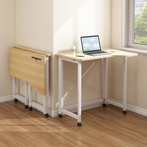 Rcynview Faltbarer Schreibtisch, platzsparend, Klapptisch, Computertisch, Klapptisch für Außen- und Innenbereich, 90x56x75cm PC Klapptische für Camping, Holz und Metall, Beige