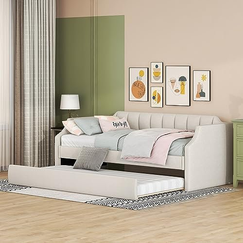 Merax Tagesbett Polsterbett 90 x 200 cm, ausziehbares Doppel-Bett, Gästebett Funktionsbett aus Holz und Leinenstoff, als Jugend- & Kinderbett verwendbar, Schlafsofa Ausziehbett mit Rollen, Beige