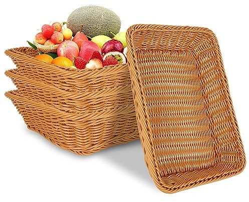 DAJAVE 4 Pièces Corbeille a Pain en Poly Osier 35X25X7CM Panier a Pain, Panier Osier Rangement, Corbeille a Fruit Osier, Panier de Service Rectangulaire pour la Cuisine, le Restaurant, le Magasin brun