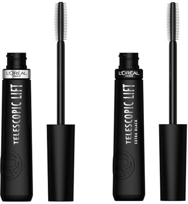 L'Oréal Paris - Mascara Volumen und Länge + 5 mm – ohne Paket – mit Keramik angereichert – Teleskoplift – Schwarz + Extra Black – 2 Stück