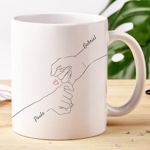 Transparent Gift Taza Personalizada Manos Unidas con Nombres para Parejas. Tazas Personalizadas para Desayuno. Regalos Originales para Hombre y Mujer. Regalos San Valentín, Aniversario y Novios