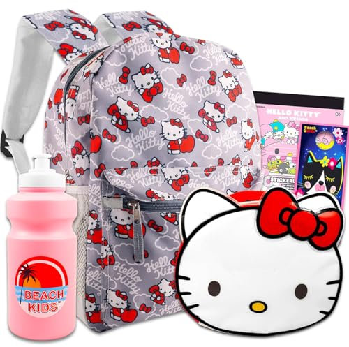 Hello Kitty Juego de viaje: mochila grande, bolsa de almuerzo, botella de agua, calcomanías y más, Hello Kitty Mochila para niñas, Hello Kitty Backpack Set, Hello Kitty Mochila, mochilas escolares