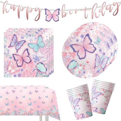 Gxhong 42Pcs Papillon Enfant Anniversaire Vaisselle, Fille Vaisselle Anniversaire Fête, Papillon Vaisselle Thème, Papillon Rose Assiette Bannière Tasse Serviette Nappes, pour Anniversaire Mariages