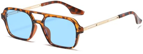 LJCZKA Sonnenbrille Damen Herren Pilotenbrille Retro Sonnenbrille mit Doppelter Brückenausführung 70er Jahre Klassisch flach quadratisch Quadratisch Metallrahmen