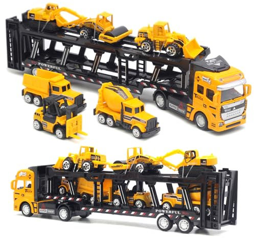 YANGUN Bagger Spielzeug, Baufahrzeuge Spielzeug Set, Baustellenfahrzeuge, 7-in-1 Autotransporter Toy, Baufahrzeug Autos Bagger, Toy Auto Set für Kinder ab 3 Jahren, Gelb