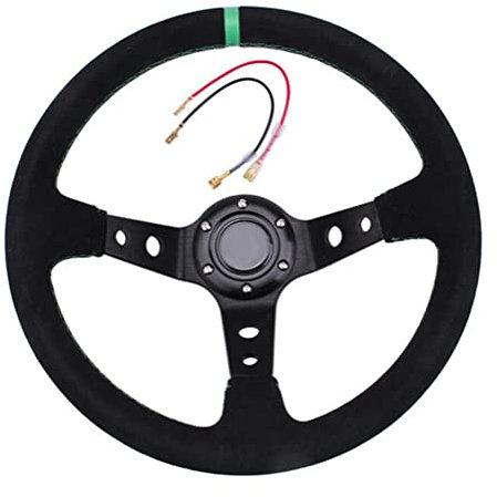 Slakerbe Sportlenkrad,13 Zoll 6-Loch Aluminiumlegierung Deep Dish Universal Rallye Racing Lenkrad Wildlederlenkrad Drifting Lenkrad mit Horn/Wire,Grün