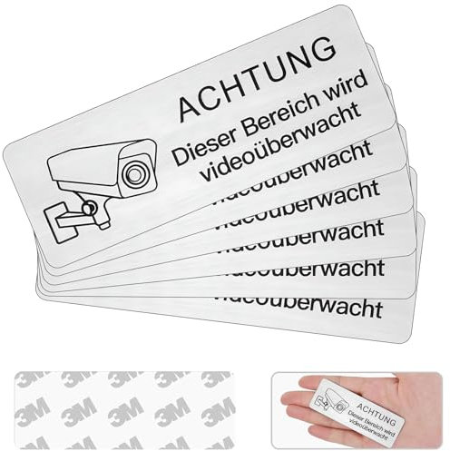 Vueinrg [6 STK] Achtung Videoüberwachung Schild,85x30mm Selbstklebend Aluminium Schild Warnschild Kamera überwachung Schild, Achtung Privatgrundstück Tag, Aluminium Rostfrei