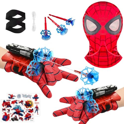 Spid-er Launcher Handschuh, Kids Spid-er Hero Handschuhe mit Maske und Aufkleber, Spid-er Web Shooter, Spid-er Netzwerfer, Handgelenk Spielzeug Set, Spielzeug Held Launcher für Cosplay
