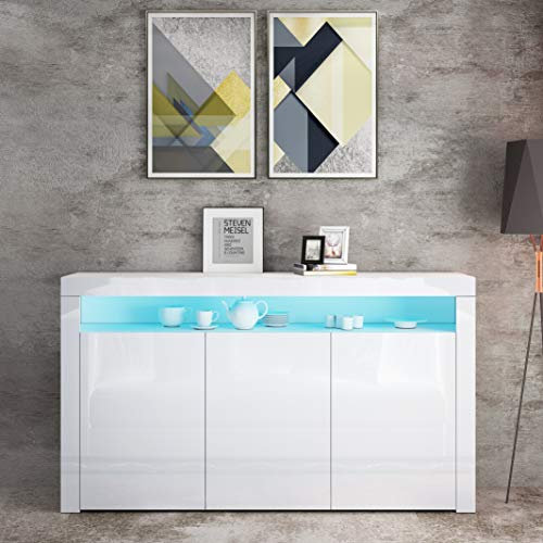 Sideboard Schrank Modern Wohnzimmer Anrichte Möbel 3 Türen Hochglanz TV Lowboard mit LED Licht 152x35x97cm (Weiß)