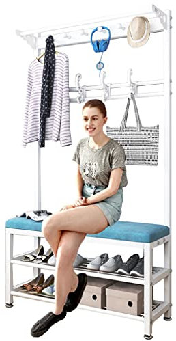 Generisch clothes rack Garderobenständer Wickelbank Garderobenbank Schuhregal mit Sitzfläche Kleiderständer mit 14 Haken (Farbe: Schwarz Größe: 100 * 33 * 170 cm)