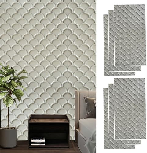 PU Wall Panels Fish Scale Brick Texture Pattern, Interior Exterior 3D Panel Accent Wall 15 Sq Ft Coverage, Wall Decoration Panelling Kits, Set of 6(White)