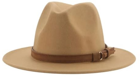 FULUJIDI Fedora Trilby Filzhut Hut Fedora Hüte Für Frauen Männer Breite Krempe Solide Frauen Hüte Band Gürtel Klassische Formale Kleider Hüte 52-54Cm (Kinder) Kamel