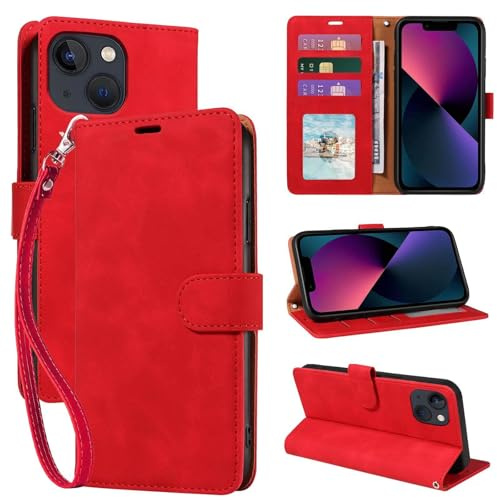 GOTOURED for iPhone 13 Mini Case Wallet, RFID Blocking Card Holder, Red | 3 Card Slots, Wrist Strap, Soft PU Leather Flip Cover, Kickstand, Magnetic Closure, TPU Shell Protective, 13 Mini 5.4 -inch